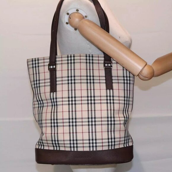 BURBERRY Nova Check Tote Bag Canvas Beige Brown Silver Auth - Picture 1 of 16